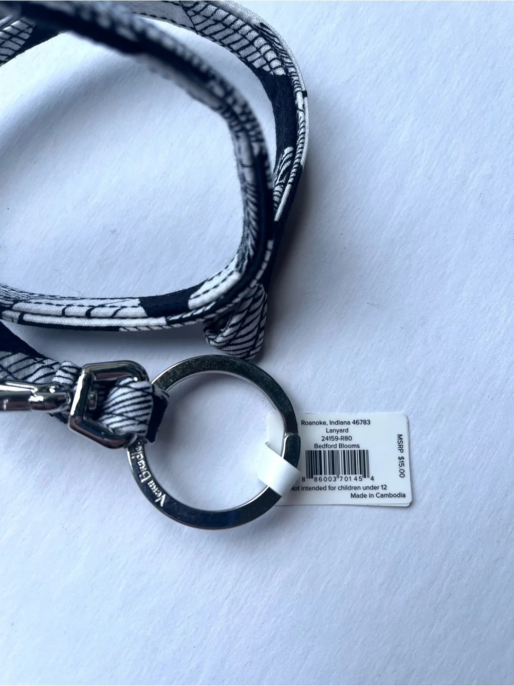 Vera Bradley Bedford Blooms Lanyard Key Holder NWT Black & White